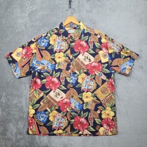 Robert Stock Mens Large Hawaiian Shirt Navy Tropical Cigar Box Hula Hibiscus